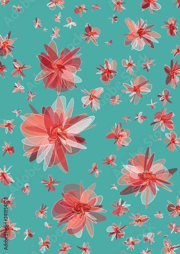 Bright floating coral flowers. Abstract floral background. Vector element for design.