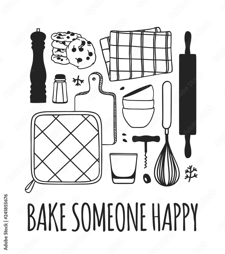 Hand drawn illustration cooking tools, dishes and quote. Creative ink ...