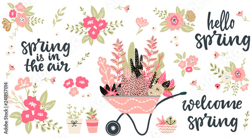 Set of hand sketched spring season vector flowers, leaves, branches and bouquets and hand written lettering words and phrases hello spring, welcpme spring, spring in the air