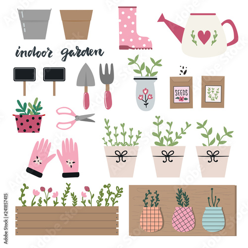 Collection of tools and equipment for indoor gardening in cute hand drawn style. Garden elements: seeds, spade, watering can, garden gloves, flowerpots, grass and leaves. Spring time vector drawing