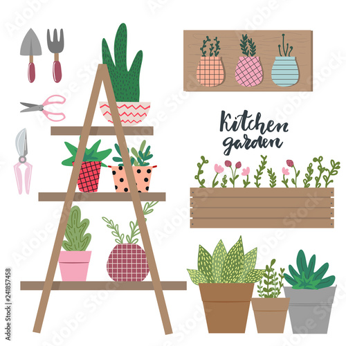 Collection of tools and equipment for indoor gardening in cute cartoon style. Garden elements: staircase with flowerpots, seeds, spade,scissors,box, flowerpots, grass and leaves. Spring time