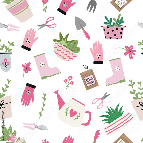 Seamless pattern with cute hand drawn vector gardening tools and equipment, flowers, leaves, watering can, seeds, boots, flowerpots