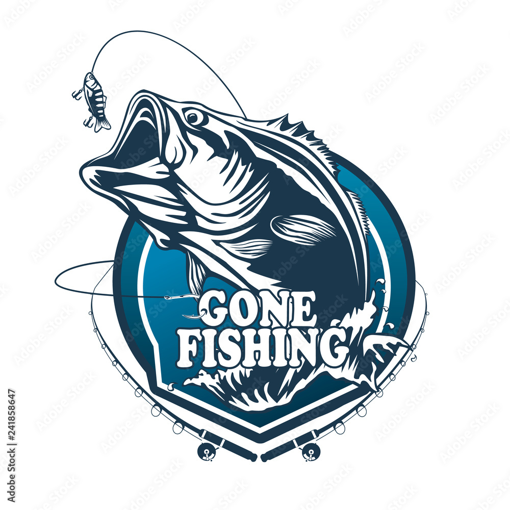 Fishing bass logo. Bass fish with rod club emblem. Fishing theme  illustration. Fish Isolated on white. Stock Vector