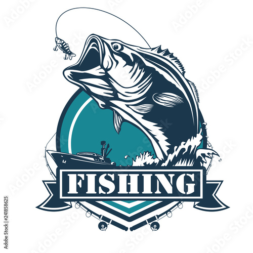 Fishing bass logo. Bass fish with rod club emblem. Fishing theme illustration. Fish Isolated on white.