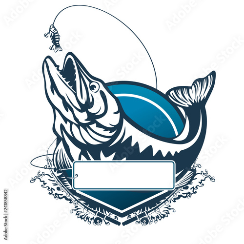 Pike fishing emblem. Pike fish logo vector. Outdoor fishing background theme. Angry fish logo.