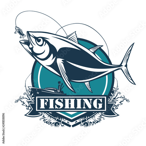 Tuna big fishing logo illustration. Tuna fish fishing vector emblem. Blue fin fish marine theme. Angry fish.