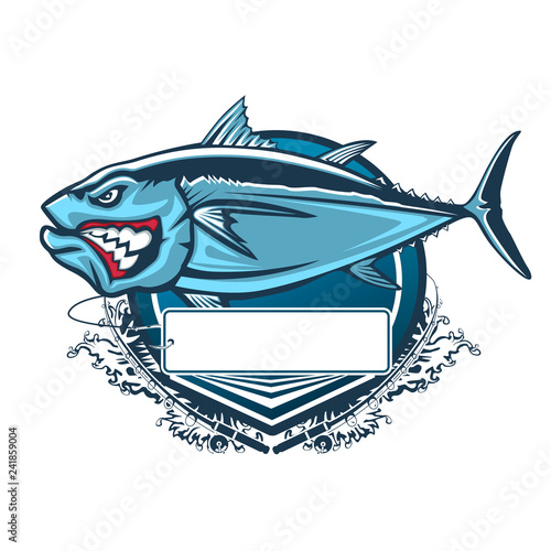 Tuna big fishing logo illustration. Tuna fish fishing vector emblem. Blue fin fish marine theme. Angry fish.
