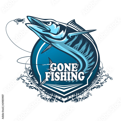 Wahoo fish. Fishing logo vector. Acanthocybium solandri. Scombrid fish jumping up fishing emblem on white background.