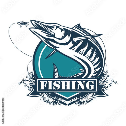 Wahoo fish. Fishing logo vector. Acanthocybium solandri. Scombrid fish jumping up fishing emblem on white background. photo