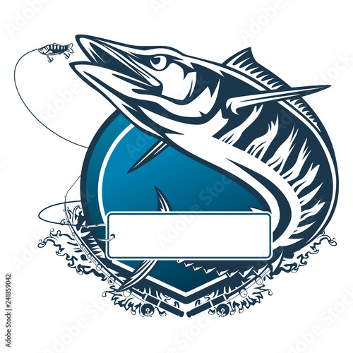 Wahoo fish. Fishing logo vector. Acanthocybium solandri. Scombrid fish jumping up fishing emblem on white background.