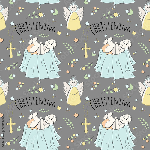 Vectron seamless pattern of elements drawn manually in the style of doodle. Christening, infant, religion, church. Used for wallpapers, backgrounds, wrapping paper