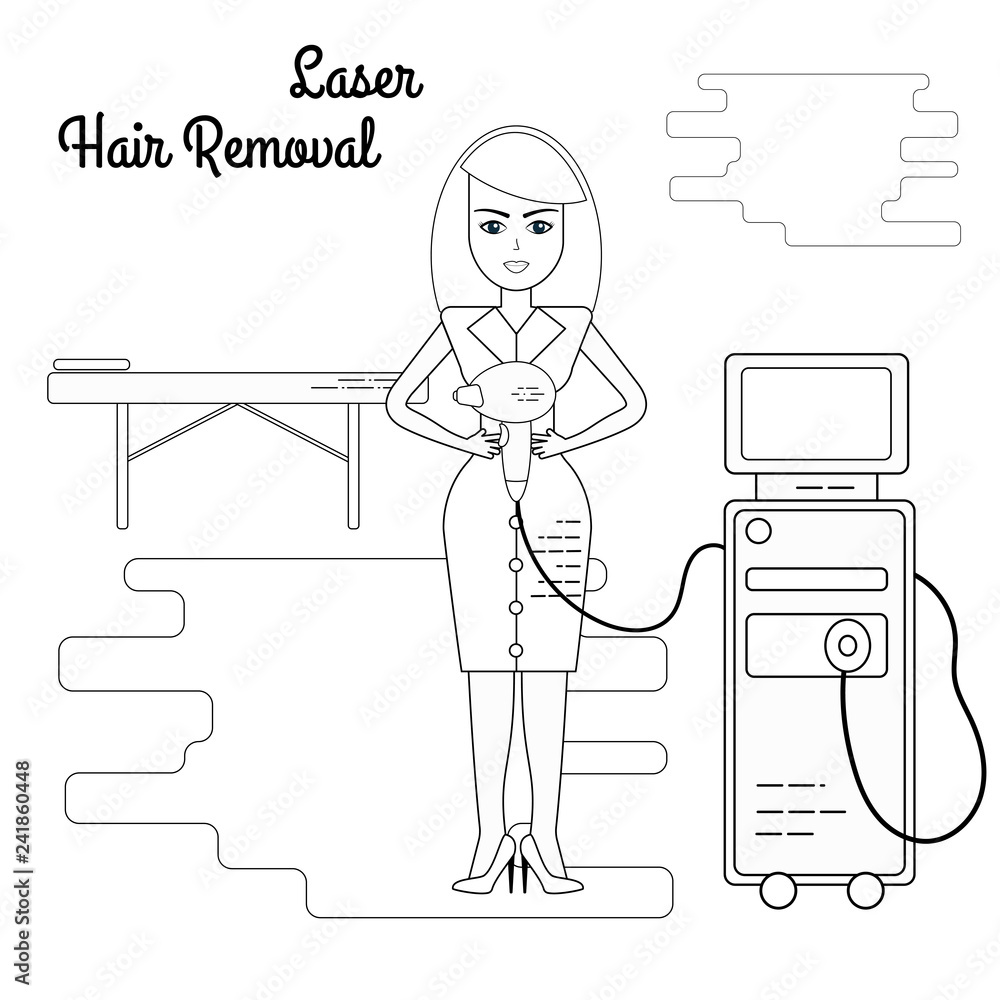 Vector flat illustration of the process of laser hair removal. Equipment and accessories for electro, photo and laser hair removal. Vector flat illustration of the process of laser hair removal. Equipment and accessories for electro, photo and laser hair removal.