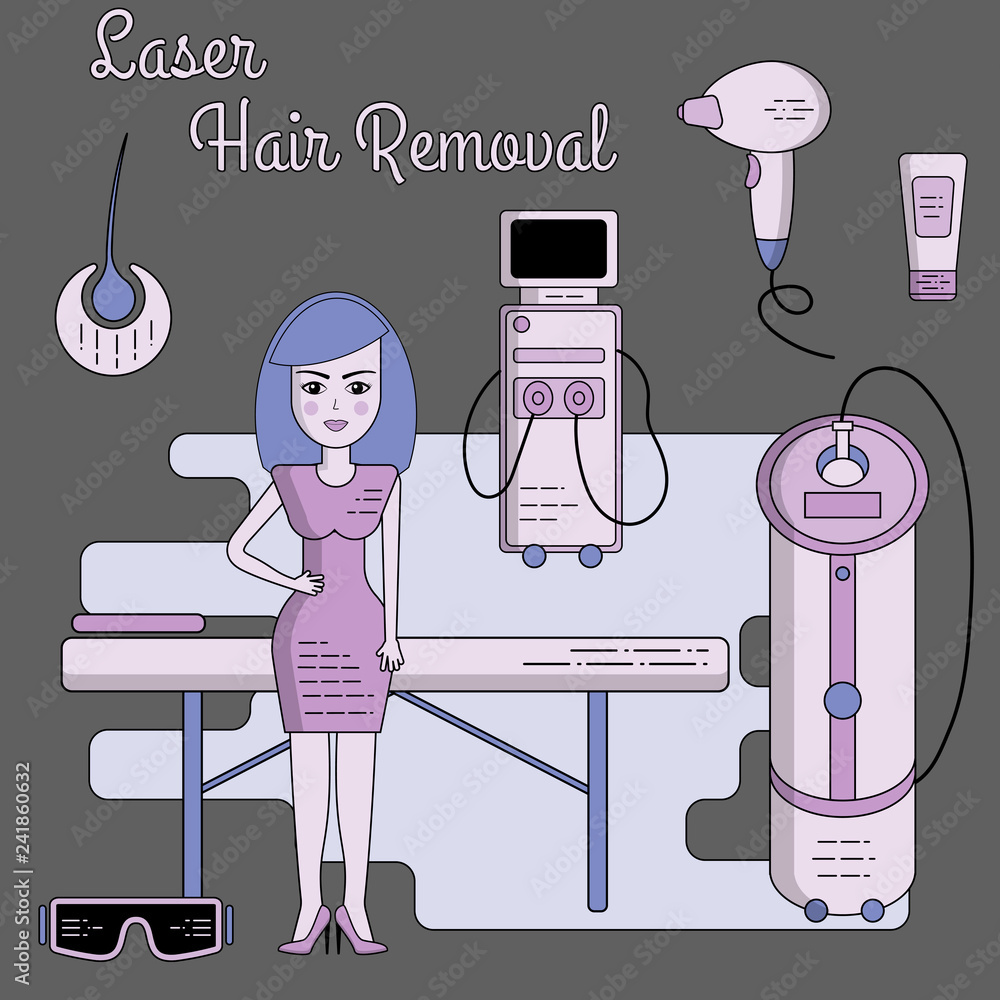 Vector flat illustration on a laser or photo epilation. Equipment for laser  hair removal, couch, laser, glasses, cream, sapphire tip. Isolated objects.  Stock Vector | Adobe Stock