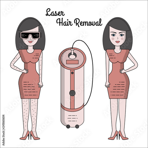 Vector flat illustration of the process of laser hair removal. Equipment and accessories for electro, photo and laser hair removal. Before and after