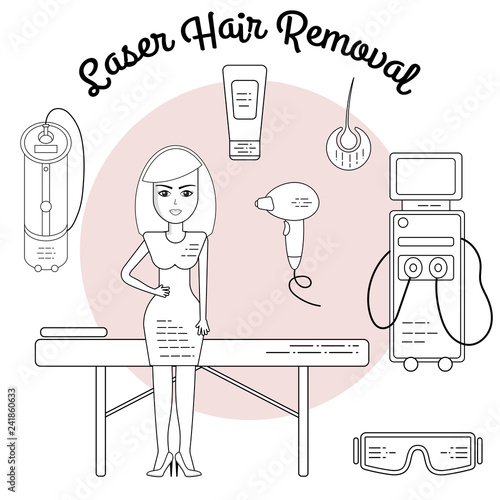 Vector flat illustration on a laser or photo epilation. Equipment for laser hair removal, couch, laser, glasses, cream, sapphire tip. Isolated objects.