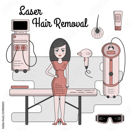 Vector flat illustration on a laser or photo epilation. Equipment for laser hair removal, couch, laser, glasses, cream, sapphire tip. Isolated objects.