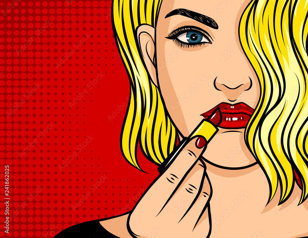 Color vector pop art comic style illustration. Blonde girl with red  lipstick and wavy hair. Beautiful