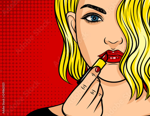 Color vector pop art comic style illustration. Blonde girl with red lipstick and wavy hair. Beautiful young woman is applying a makeup. Blonde girl holding a red lipstick for make up in her hand.