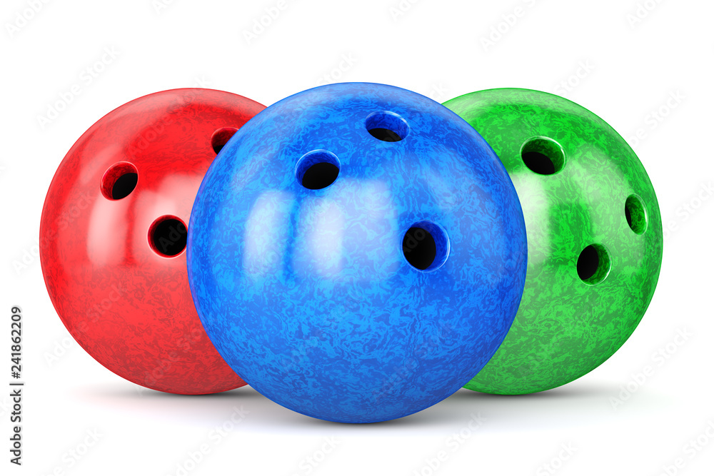 Red, green and blue glossy bowling balls isolated on white