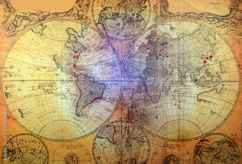 Obraz Retro i vintage mapy. Stara ilustracja mapa starożytnego atlasu świata na stary papier. Pin oznakowanie lokalizacji na mapie. Tło motywu przygody i podróży - Obraz