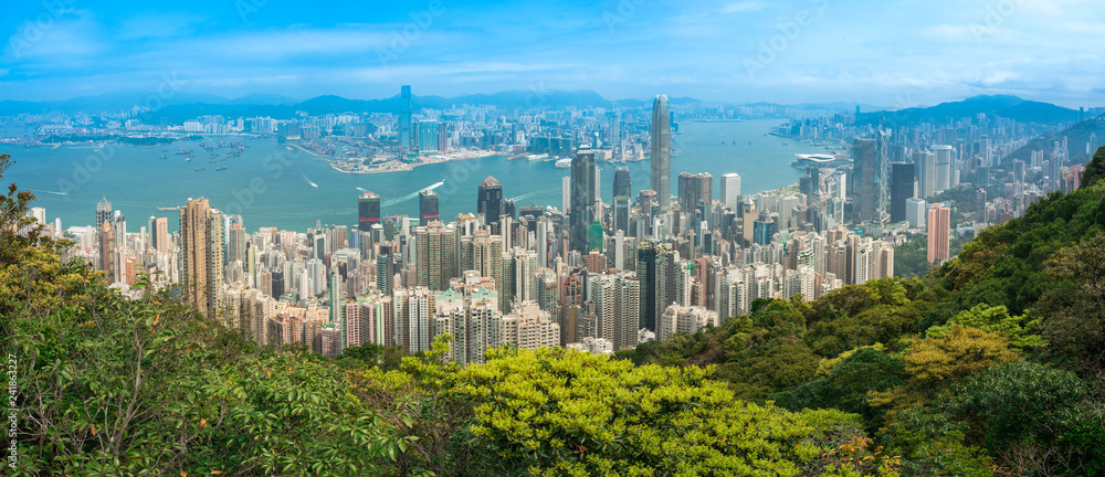 Hong Kong City skyline day time view from Victoria Peak, Panorama.