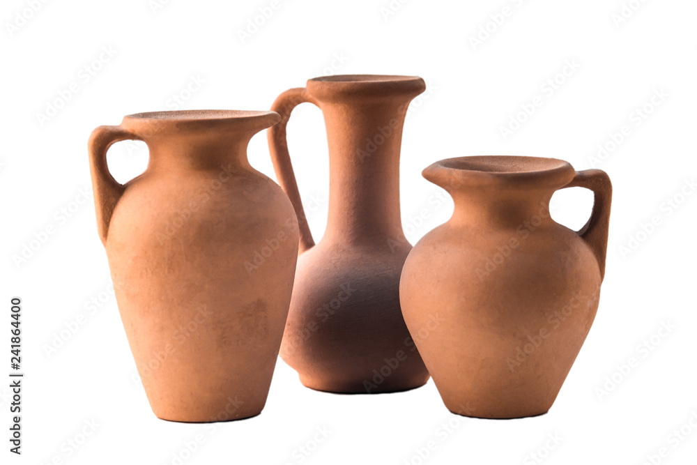 Tree old clay pots jars vases for holding drink in village country style isolated on white