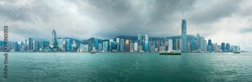 Panorama view of harbour in Hong Kong on rainy day 