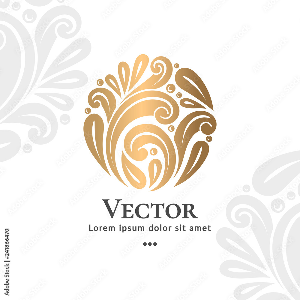 Golden abstract emblem. Elegant, classic elements. Can be used for jewelry, beauty and fashion industry. Great for logo, monogram, invitation, flyer, menu, brochure, background, or any desired idea.