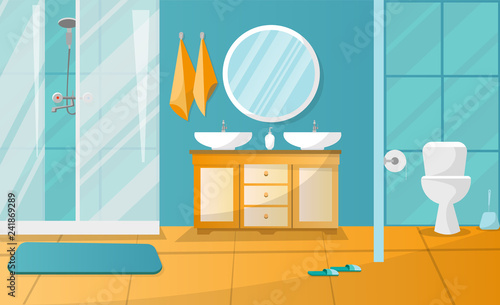 Modern bathroom interior with shower cabin. Bathroom furniture - stand with two sinks, towels, liquid soap, roundl mirror, toilet. Flat cartoon vector illustration