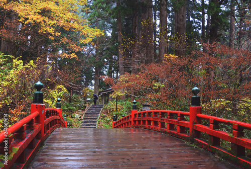 Haguro Mt, Tsuruoka, Japan - November 11, 2018: Red bridge at Haguro Mountain