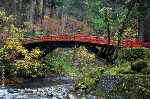 Haguro Mt, Tsuruoka, Japan - November 11, 2018: Red bridge at Haguro Mountain