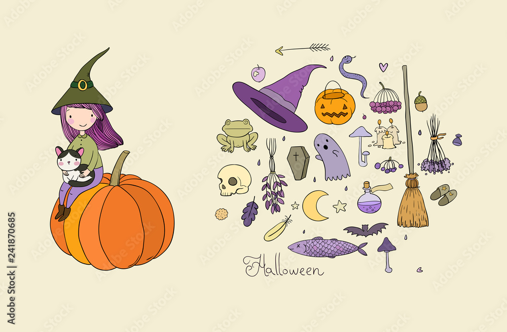 Autumn theme. Halloween. Little cute girl and a cartoon cat sitting on the cup. The moon, stars and melon. Vector illustration. - Vector
