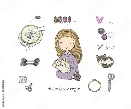 Cute cartoon girl embroiders a beautiful pattern. Sewing kit. isolated objects on white background. Vector