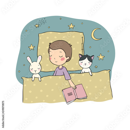 Sleeping boy. Baby in bed with toys. Time to sleep. Good night.