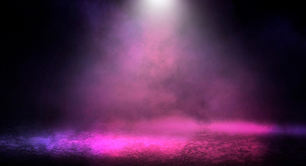 Background of empty room with spotlights and lights, abstract purple background with neon glow