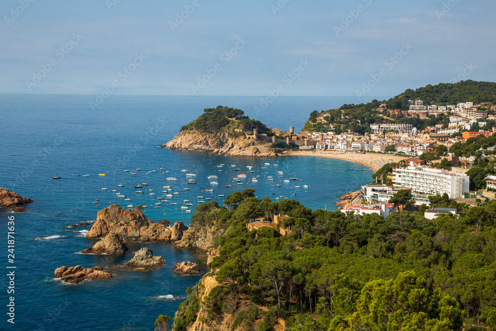 Panoramic view of Tossa de Mar Costa Brava Spain Bay with boats
