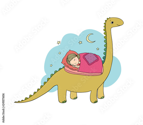 Sleeping girl and dinosaur. Good night sweet dreams