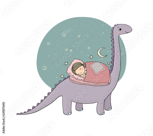 Sleeping girl and dinosaur. Good night sweet dreams
