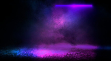 Background of empty room with spotlights and lights, abstract purple background with neon glow