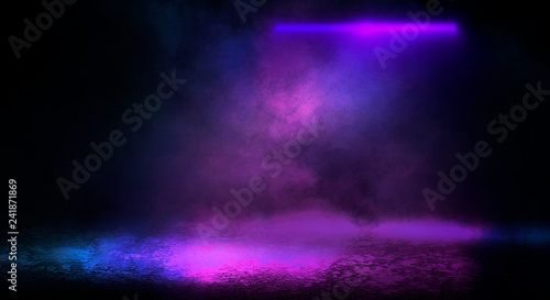 Background of empty room with spotlights and lights, abstract purple background with neon glow