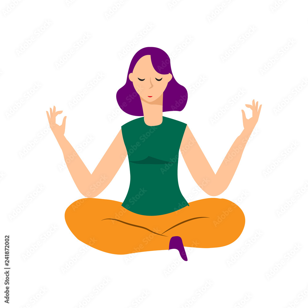 Young woman sitting in yoga lotus pose. Meditating girl illustration. Yoga woman, meditation, anti-stress people. - Illustration