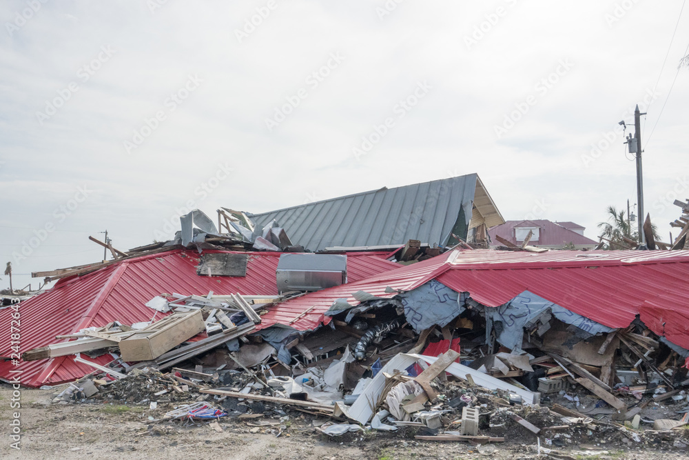 Collapsed Building with Red Roof on Gulf Coast in the Aftermath of Hurricane Michael