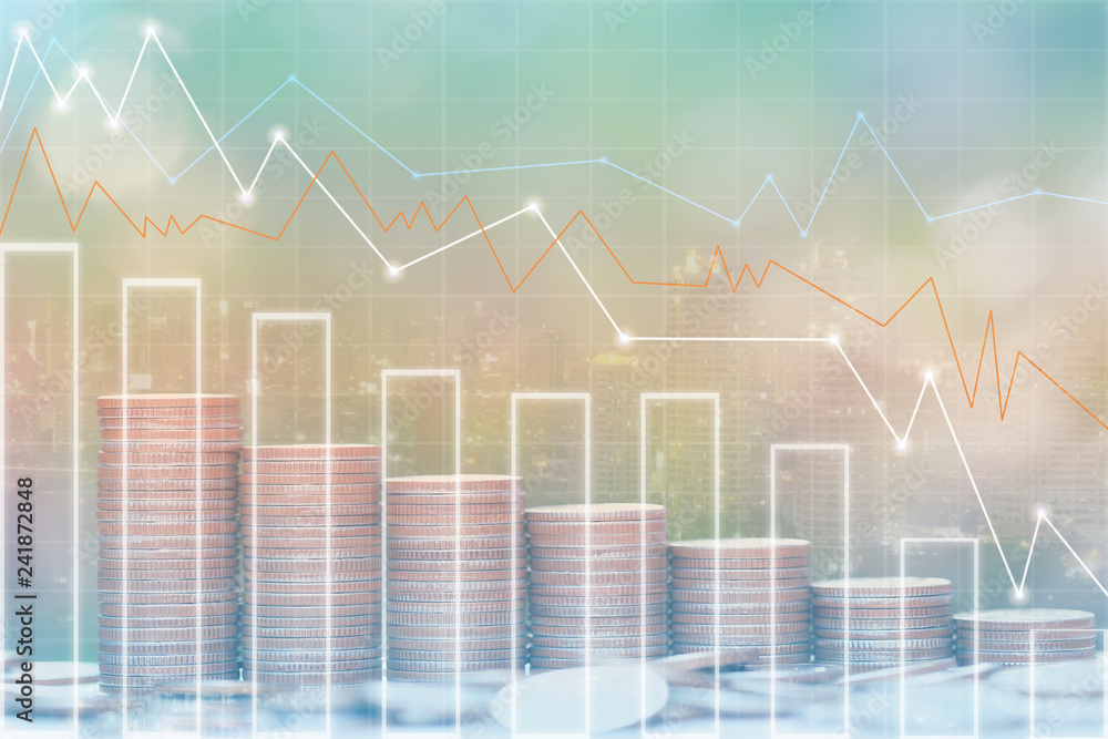Double exposure of Stack coins money and graph on city background, investment and business concept Double exposure of Stack coins money and graph on city background, investment and business concept