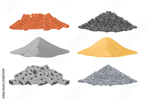 Building materials, a pile of bricks, cement, sand, cinder blocks, stones on white background. Vector illustration