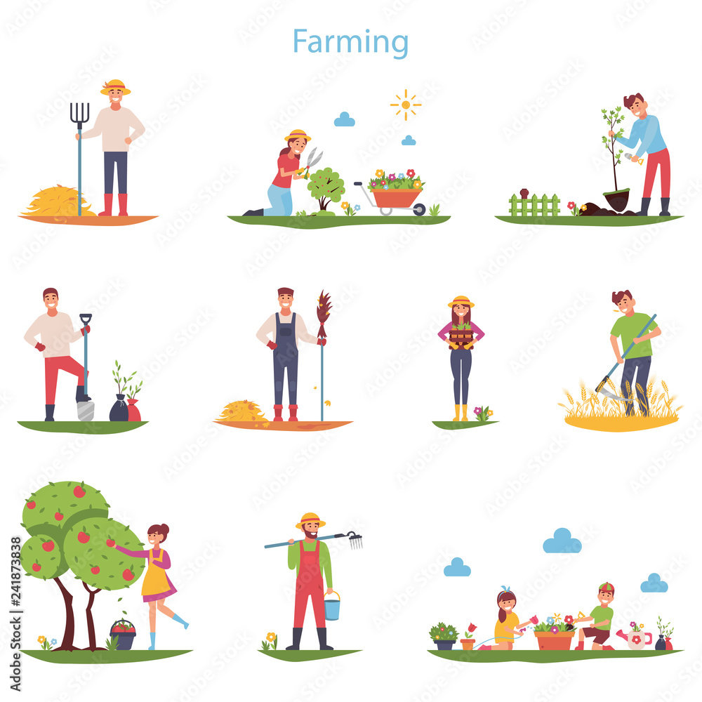 Flat vector set of character farmers working outdoors. People do gardening and farming