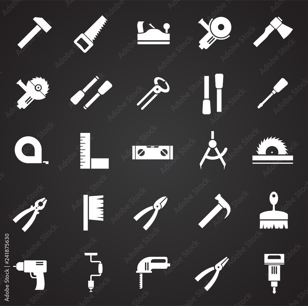 Obraz premium Tools icons set on black background for graphic and web design, Modern simple vector sign. Internet concept. Trendy symbol for website design web button or mobile app