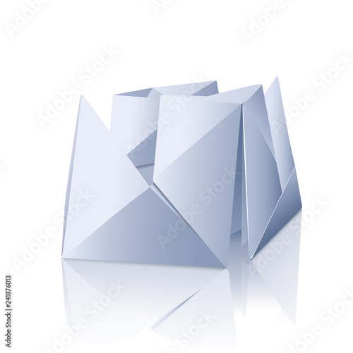 Origami Steamship.  Paper ship on white background with reflection on a smooth surface. Vector illustration.