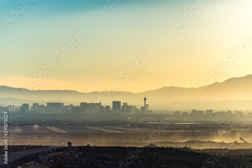 Canvas Print Truck on highway with hazy Las Vegas skyline in the distance