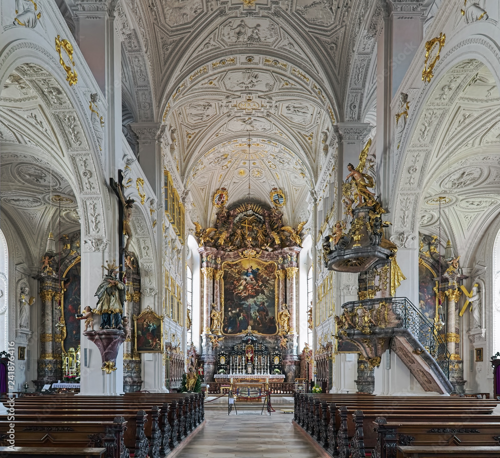 Interior of Hofkirche (Court Church) in Neuburg an der Donau, Germany. The present church was built in 1607-1608 by design of the Swiss painter, draftsman and architect Joseph Heintz the Elder.