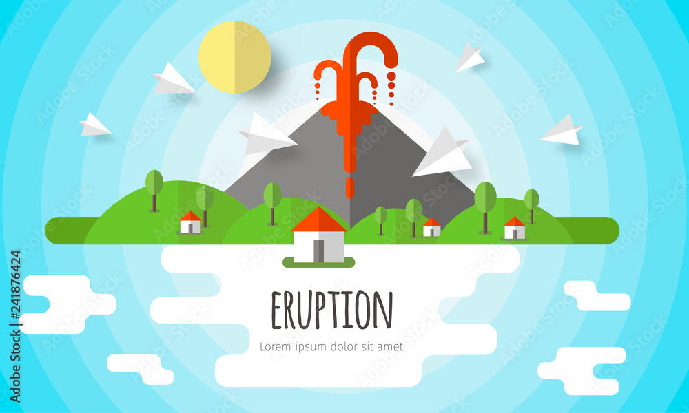 Naklejka premium Ilustracja wektorowa wybuchu wulkanu. Piękny górski krajobraz, niebo, chmury, gwiazdy, wiejskie domy. Płaska konstrukcja materiału z elementami objętości i cienia
